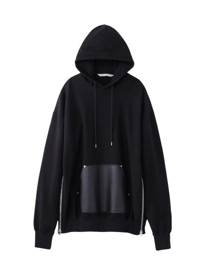 【JOHN LAWRENCE SULLIVAN - ジョンローレンスサリバン】LEATHER POCKET ZIP-UP SWEAT HOODIE（パーカー/ブラック)