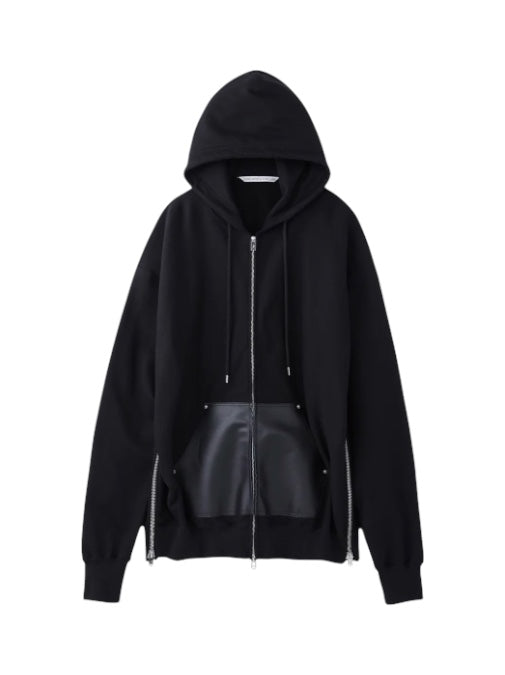 【JOHN LAWRENCE SULLIVAN - ジョンローレンスサリバン】LEATHER POCKET ZIP-UP SWEAT HOODIE（パーカー/ブラック)