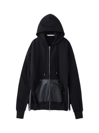 【JOHN LAWRENCE SULLIVAN - ジョンローレンスサリバン】LEATHER POCKET ZIP-UP SWEAT HOODIE（パーカー/ブラック)