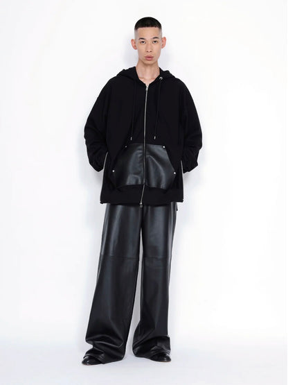 【JOHN LAWRENCE SULLIVAN - ジョンローレンスサリバン】LEATHER POCKET ZIP-UP SWEAT HOODIE（パーカー/ブラック)