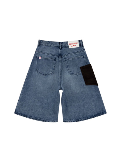 【Charles Jeffrey Loverboy - チャールズ ジェフリー ラバーボーイ】WIDE DENIM SHORTS WITH CROCHET TRUMPET IN WASHED DENIM / BLUE (ショーツ/ブルー)