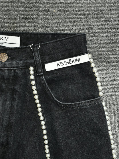 【KIMHEKIM - キムヘキム】PEARL EMBELLISHED BALLOON JEANS / BLACK(デニム/ブラック)