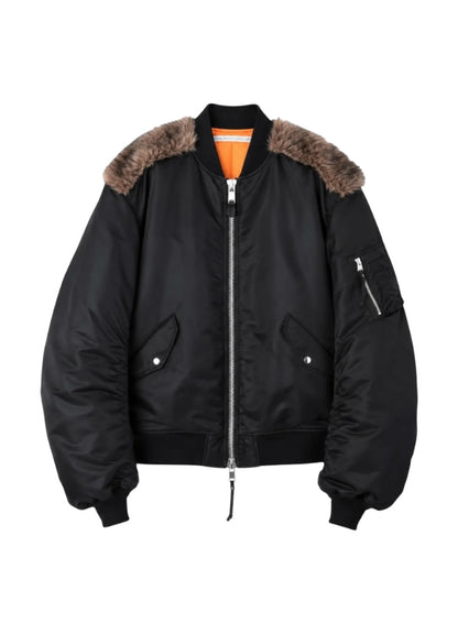 【JOHN LAWRENCE SULLIVAN - ジョンローレンスサリバン】NYLON MASSIVE ROUNDED SLEEVE BOMBER JACKET WITH BACK FUR（ジャケット/ブラック)