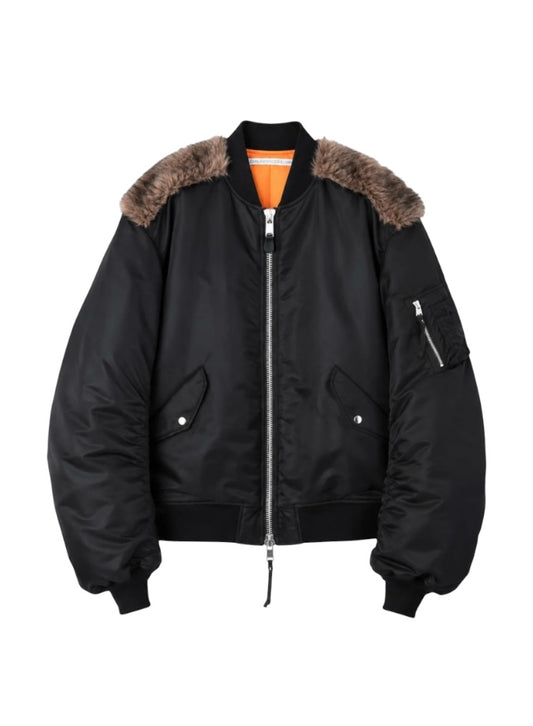【JOHN LAWRENCE SULLIVAN - ジョンローレンスサリバン】NYLON MASSIVE ROUNDED SLEEVE BOMBER JACKET WITH BACK FUR（ジャケット/ブラック)
