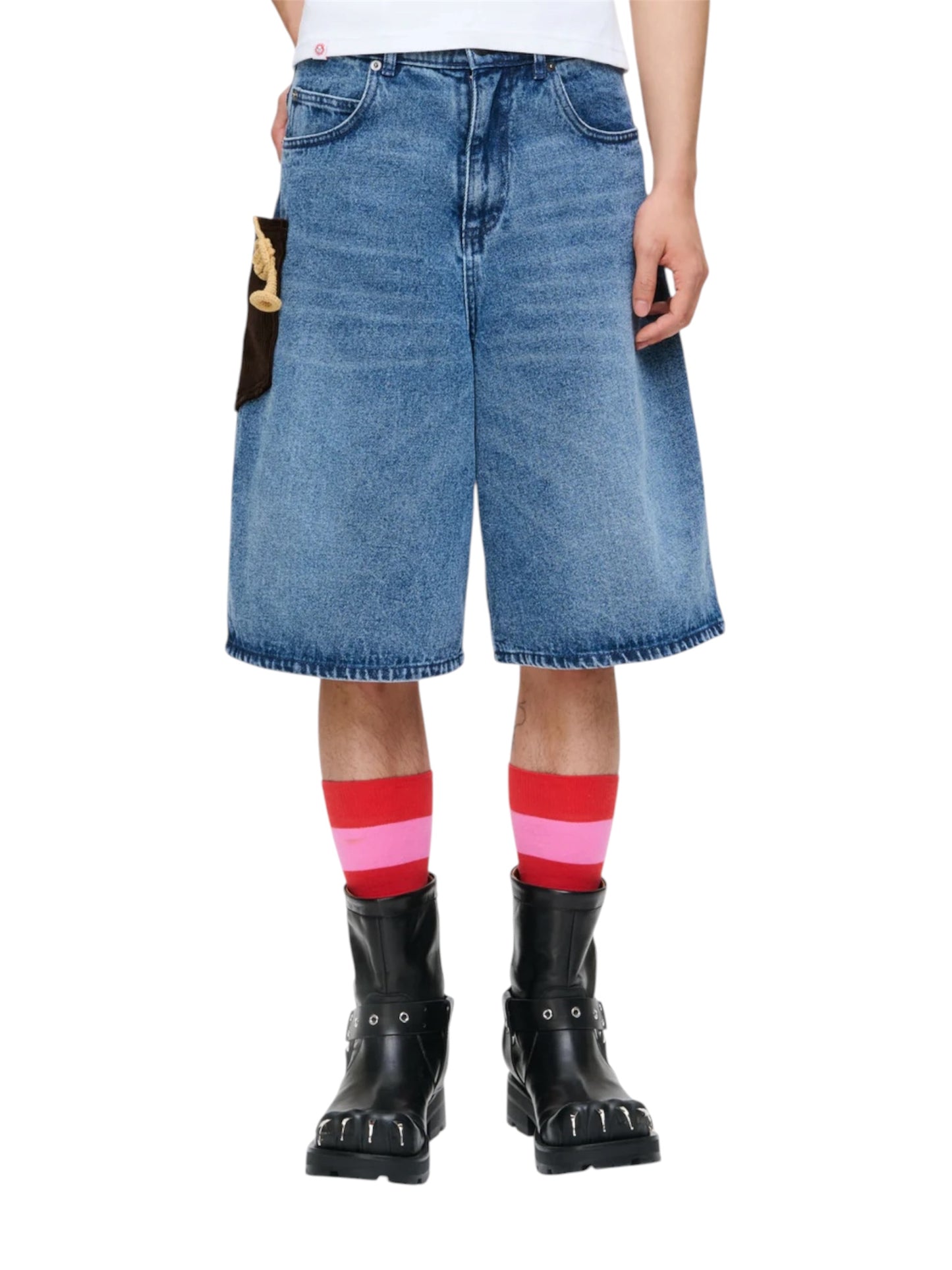【Charles Jeffrey Loverboy - チャールズ ジェフリー ラバーボーイ】WIDE DENIM SHORTS WITH CROCHET TRUMPET IN WASHED DENIM / BLUE (ショーツ/ブルー)