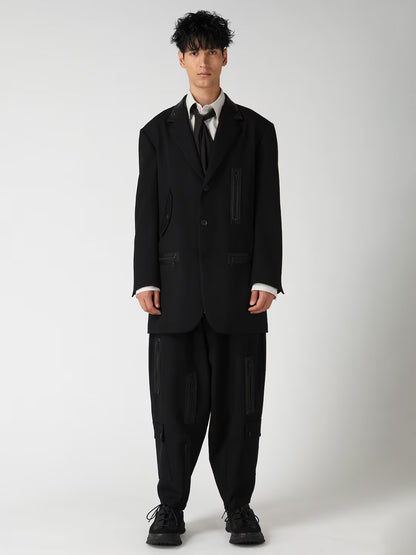 【Yohji Yamamoto POUR HOMME - ヨウジヤマモト プールオム】LEATHER ARMY GABARDINE PANEL ZIP JACKET（ジャケット/ ブラック)