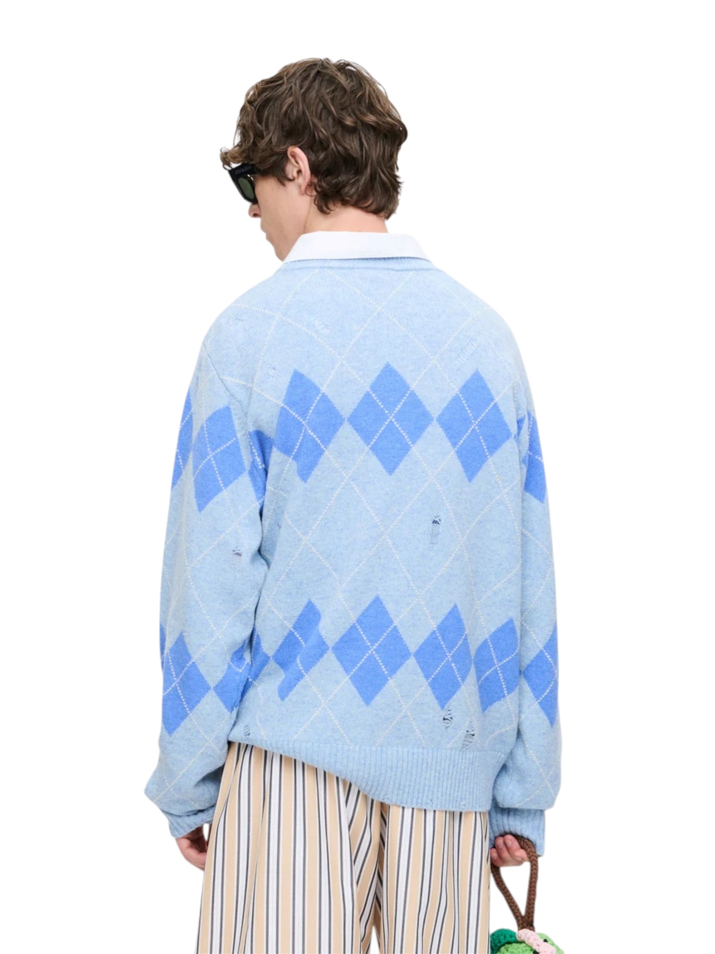 【Charles Jeffrey Loverboy - チャールズ ジェフリー ラバーボーイ】DISTRESSED ARGYLE SWEATER / LIGHT BLUE (セーター/ライトブルー)
