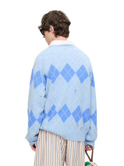 【Charles Jeffrey Loverboy - チャールズ ジェフリー ラバーボーイ】DISTRESSED ARGYLE SWEATER / LIGHT BLUE (セーター/ライトブルー)