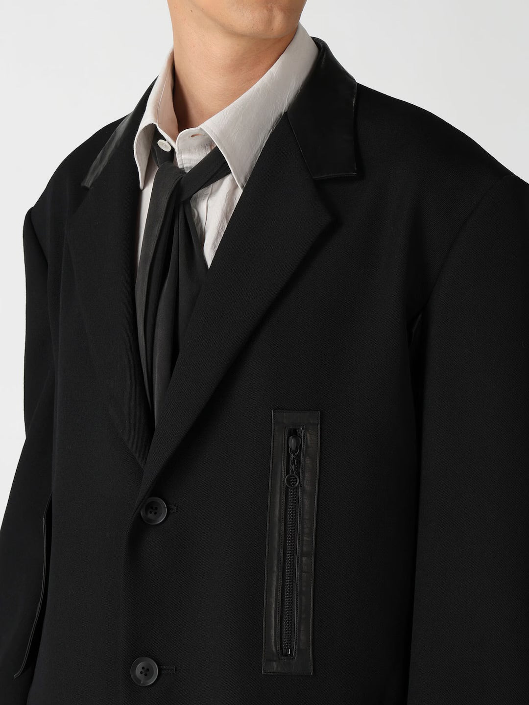 【Yohji Yamamoto POUR HOMME - ヨウジヤマモト プールオム】LEATHER ARMY GABARDINE PANEL ZIP JACKET（ジャケット/ ブラック)