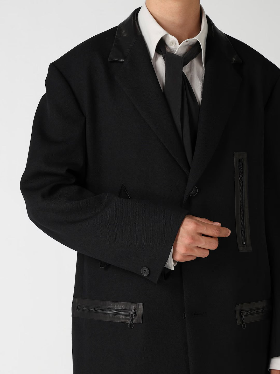【Yohji Yamamoto POUR HOMME - ヨウジヤマモト プールオム】LEATHER ARMY GABARDINE PANEL ZIP JACKET（ジャケット/ ブラック)