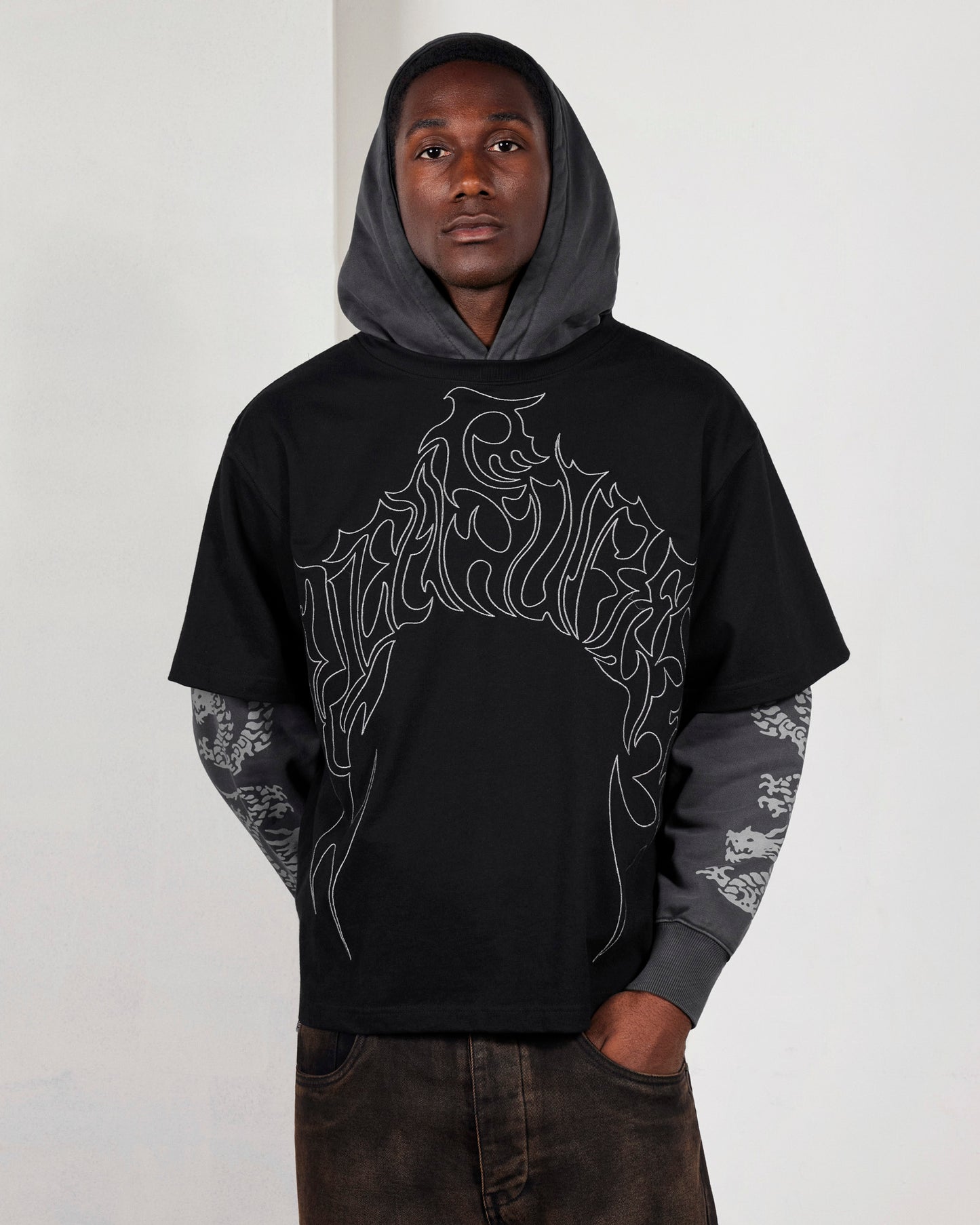 【PLEASURES - プレジャーズ】DRAGON LAYERED HOODIE / FADED BLACK (フーディ/フェードブラック)