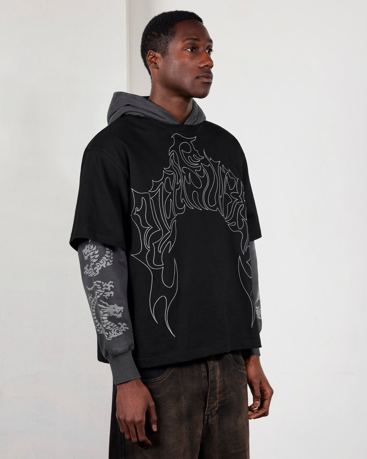 【PLEASURES - プレジャーズ】DRAGON LAYERED HOODIE / FADED BLACK (フーディ/フェードブラック)