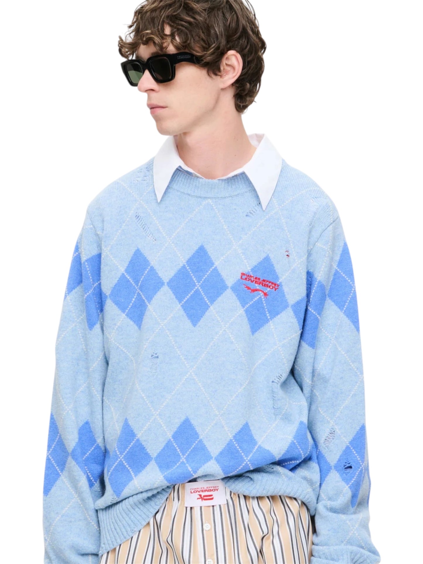 【Charles Jeffrey Loverboy - チャールズ ジェフリー ラバーボーイ】DISTRESSED ARGYLE SWEATER / LIGHT BLUE (セーター/ライトブルー)