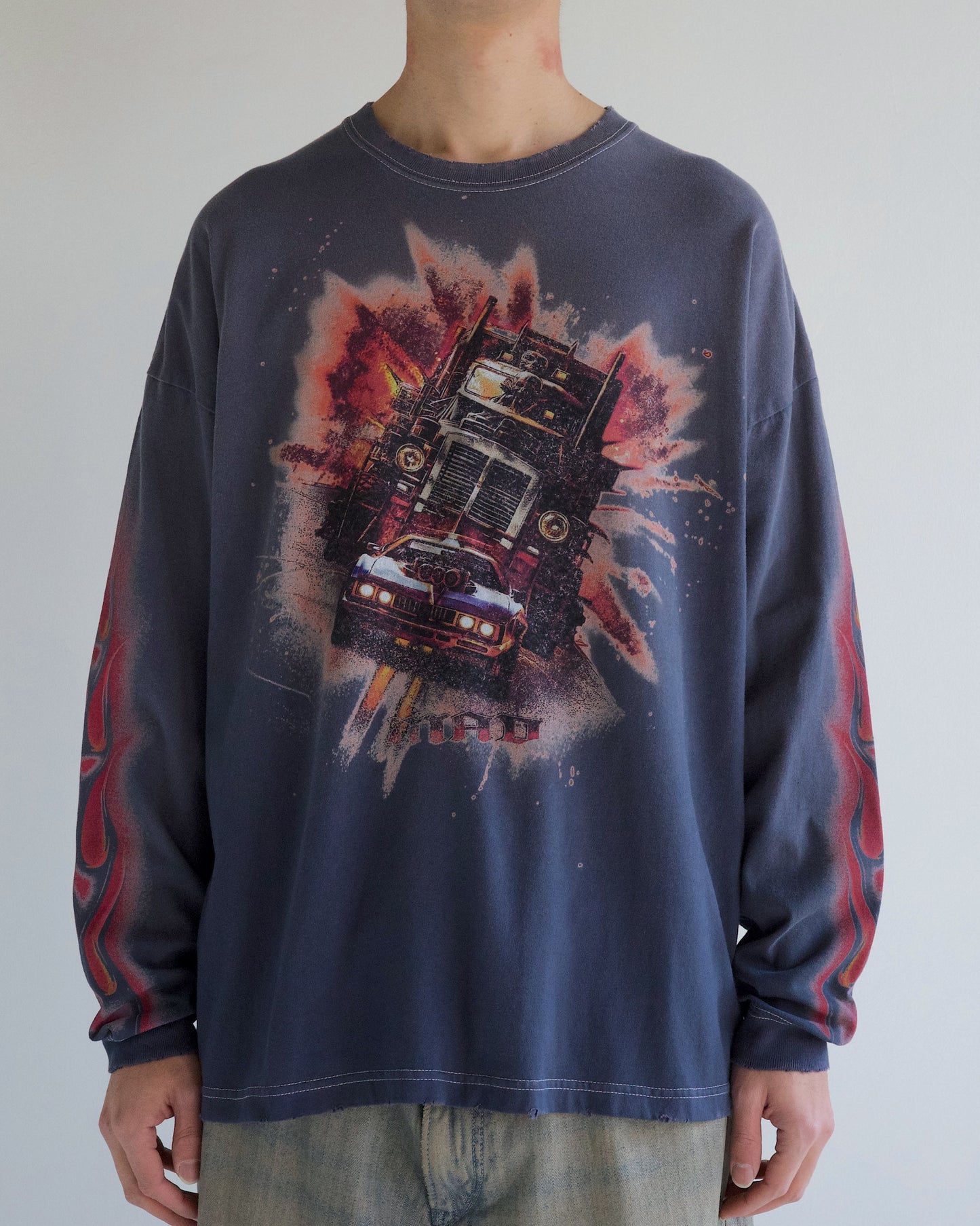 【ANACHRONORM - アナクロノーム】FLAME SLEEVE GRAPHIC L/S T-S / DUSTY NAVY (Tシャツ/ダスティーネイビー)