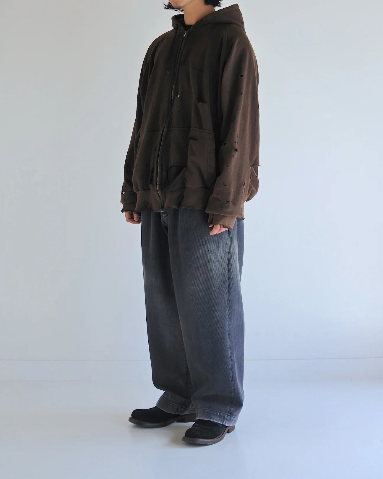 【ANACHRONORM - アナクロノーム】HARD DAMAGED INNER WAFFLE SWEAT PARKA / BLACK (フーディ/ブラック)