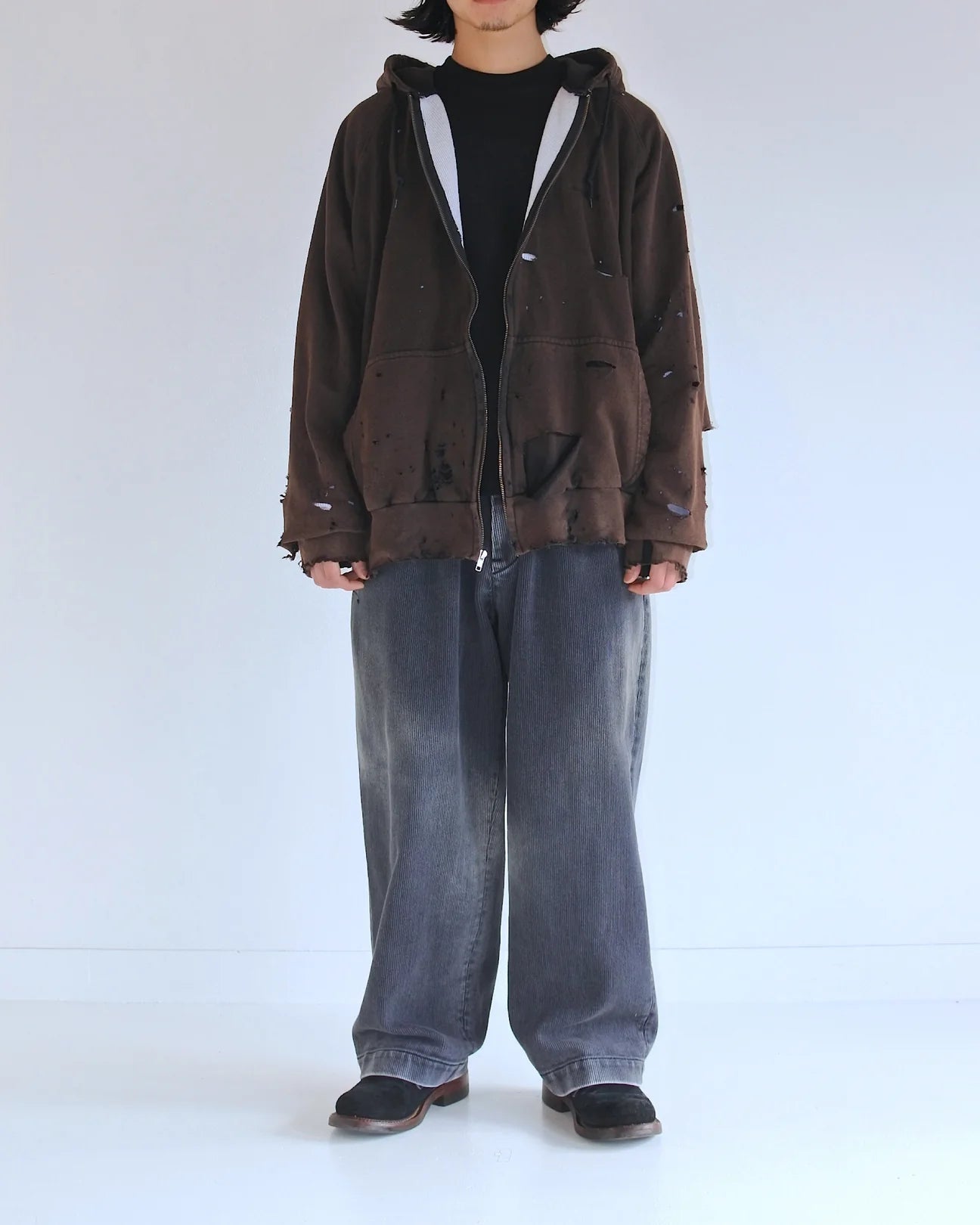 【ANACHRONORM - アナクロノーム】HARD DAMAGED INNER WAFFLE SWEAT PARKA / BLACK (フーディ/ブラック)