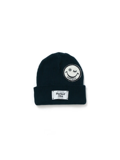 【Perfect ribs® × ALM】"SMILE Patch" Rib Beanie Cap / Charcoal Green×White(ニット帽/チャコールグリーン×ホワイト)