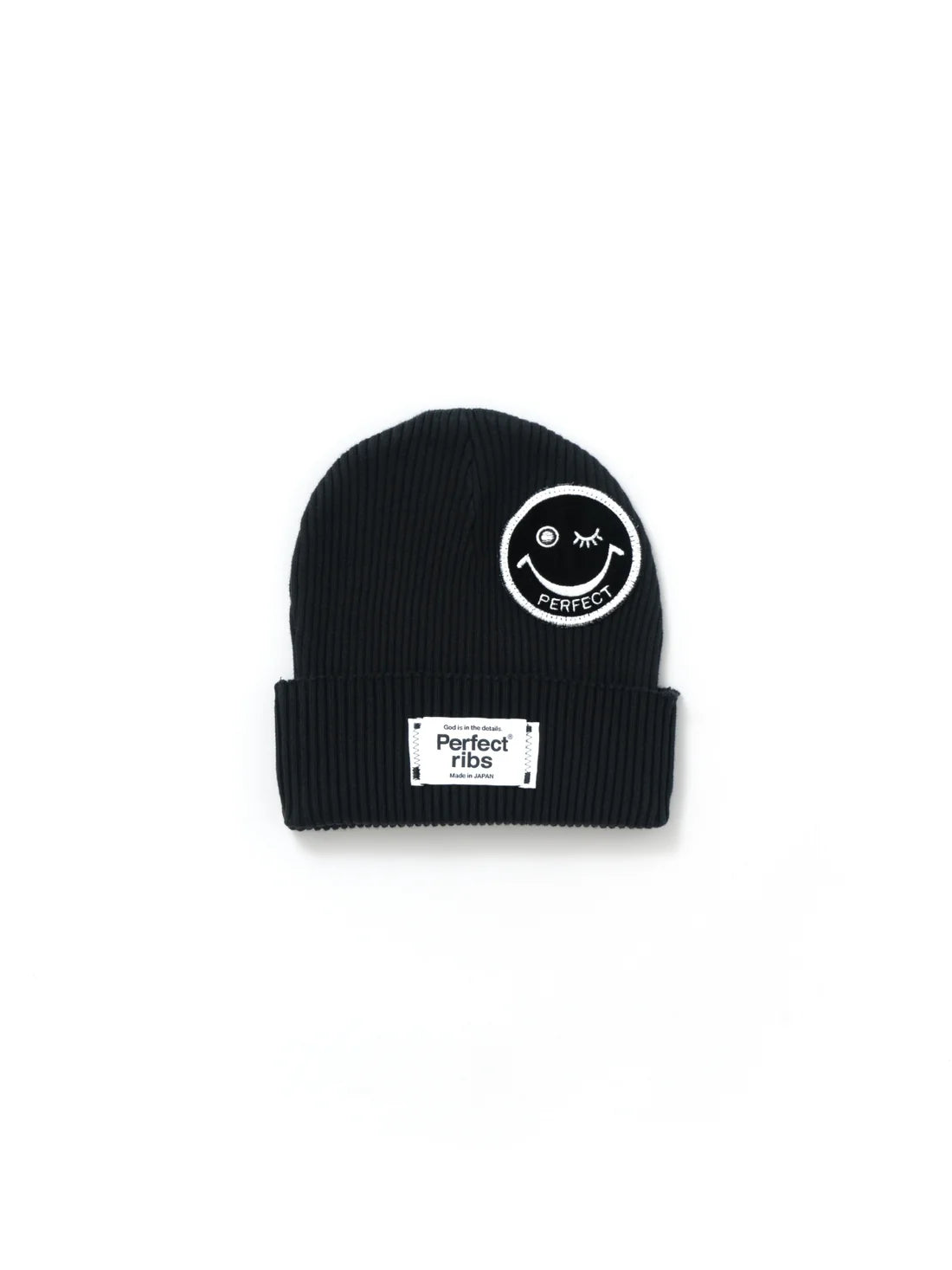 【Perfect ribs® × ALM】"SMILE Patch" Rib Beanie Cap / Black×Black(ニット帽/ブラック×ブラック)