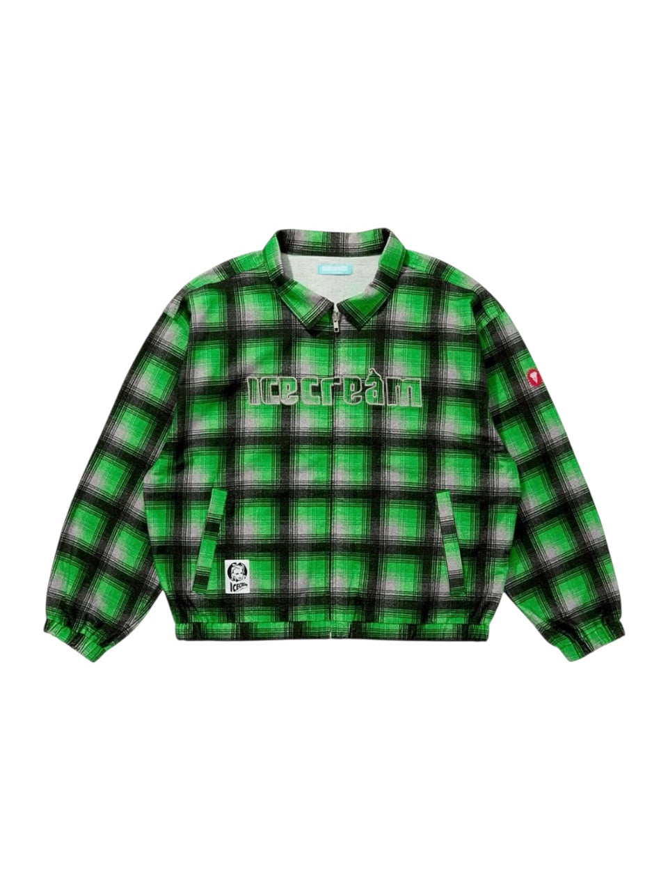 【ICE CREAM - アイスクリーム】APPLIQUE LOGO FLANNEL CHECK ZIP UP SHIRT / GRAY/GREEN (シャツジャケット/グレー/グリーン)
