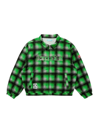 【ICE CREAM - アイスクリーム】APPLIQUE LOGO FLANNEL CHECK ZIP UP SHIRT / GRAY/GREEN (シャツジャケット/グレー/グリーン)