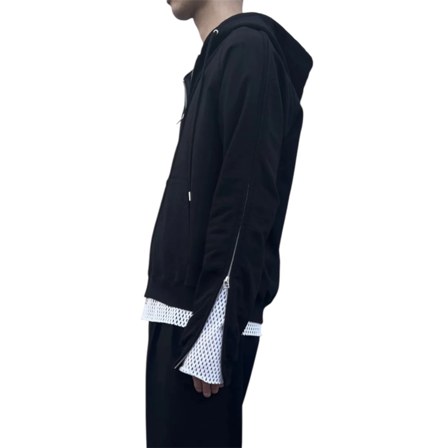 【JOHN LAWRENCE SULLIVAN - ジョンローレンスサリバン】SWEAT ZIPPED SLEEVE HOODIE（パーカー/ブラック)