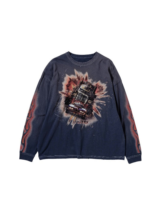 【ANACHRONORM - アナクロノーム】FLAME SLEEVE GRAPHIC L/S T-S / DUSTY NAVY (Tシャツ/ダスティーネイビー)