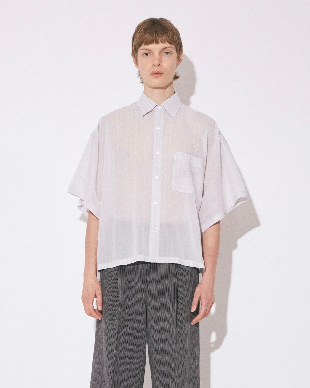 【beautiful people - ビューティフルピープル】finx sheer stripe AtoZ shirt / GRAY (半袖シャツ/グレー)