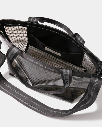 【beautiful people - ビューティフルピープル】plaid vinyl logo tape bag M / BLACK（バッグ/ブラック)