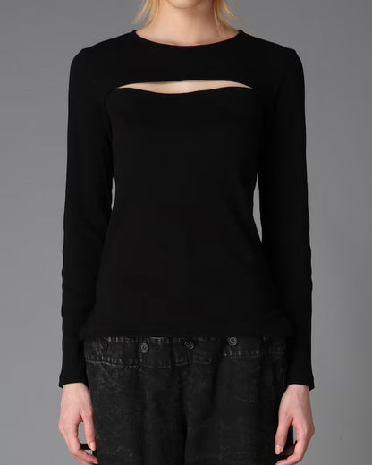 【LIMI feu - リミフゥ】C/ RIB SLIT CHEST LONG SLEEVE T / BLACK (L/STシャツ/ブラック)