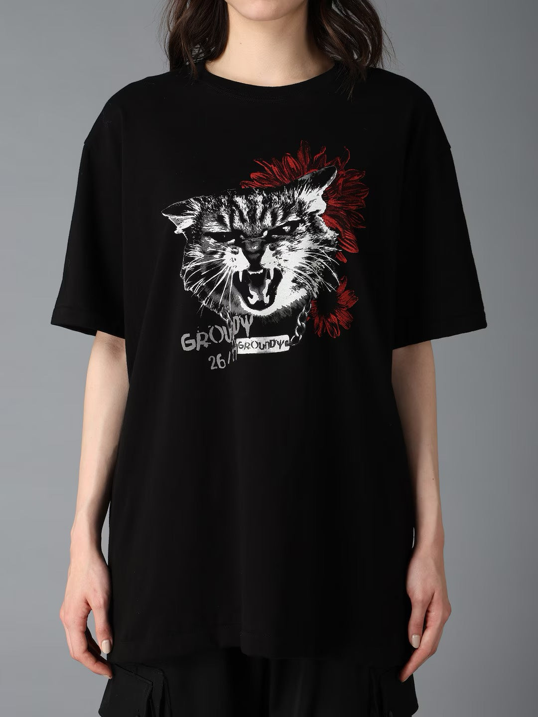 【Ground Y - グラウンドワイ】JERSEY CAT AND RED SUNFLOWER T-SHIRT / BLACK(Tシャツ/ブラック)