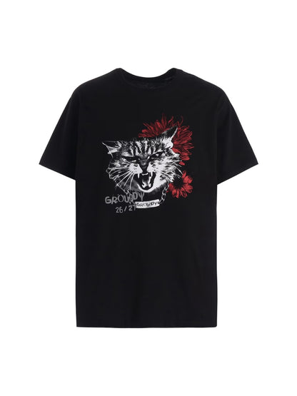 【Ground Y - グラウンドワイ】JERSEY CAT AND RED SUNFLOWER T-SHIRT / BLACK(Tシャツ/ブラック)