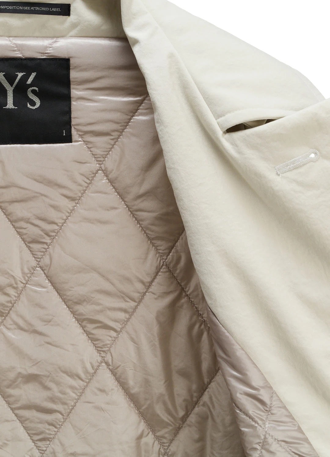 【Y's - ワイズ】 NYLON PADDED TASLAN OXFORD ARRANGED 3/4 SLEEVE COAT/ OFF WHITE (コート/オフホワイト)