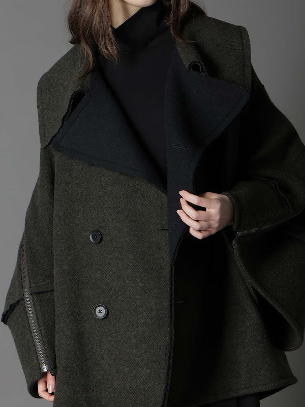【Ground Y - グラウンドワイ】DOUBLE WEAVE MELTON SHORT LENGTH BIG SLEEVE DOUBLE COAT / KHAKI (コート/カーキ)