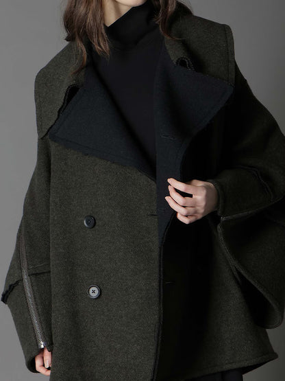 【Ground Y - グラウンドワイ】DOUBLE WEAVE MELTON SHORT LENGTH BIG SLEEVE DOUBLE COAT / KHAKI (コート/カーキ)