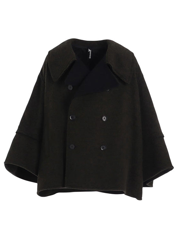 【Ground Y - グラウンドワイ】DOUBLE WEAVE MELTON SHORT LENGTH BIG SLEEVE DOUBLE COAT / KHAKI (コート/カーキ)