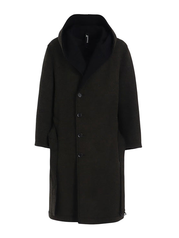 【Ground Y - グラウンドワイ】DOUBLE WEAVE MELTON UNRRIMMED HOODED COAT / KHAKI (コート/カーキ)