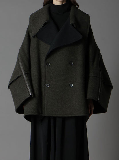 【Ground Y - グラウンドワイ】DOUBLE WEAVE MELTON SHORT LENGTH BIG SLEEVE DOUBLE COAT / KHAKI (コート/カーキ)