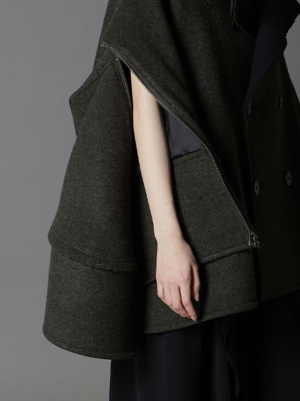 【Ground Y - グラウンドワイ】DOUBLE WEAVE MELTON SHORT LENGTH BIG SLEEVE DOUBLE COAT / KHAKI (コート/カーキ)
