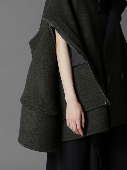 【Ground Y - グラウンドワイ】DOUBLE WEAVE MELTON SHORT LENGTH BIG SLEEVE DOUBLE COAT / KHAKI (コート/カーキ)