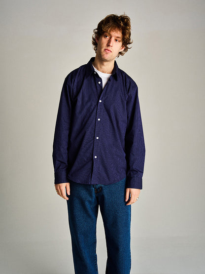 【POP TRADING COMPANY - ポップ トレーディング カンパニー】STRIPED LOGO SHIRT / NAVY (シャツ/ネイビー)