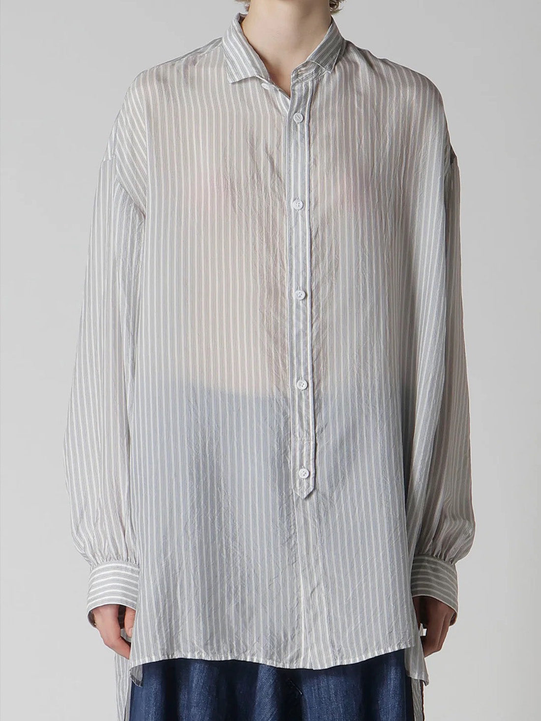 【Y's - ワイズ】CUPRO STRIPE DESIGN COLLAR BIG BLOUSE / BLUE GREY (シャツ/ブルーグレー)