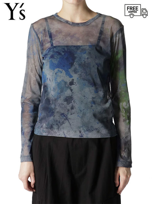 PE TULLE PAINT DESIGN ROUND NECK LONG SLEEVE T/GREY