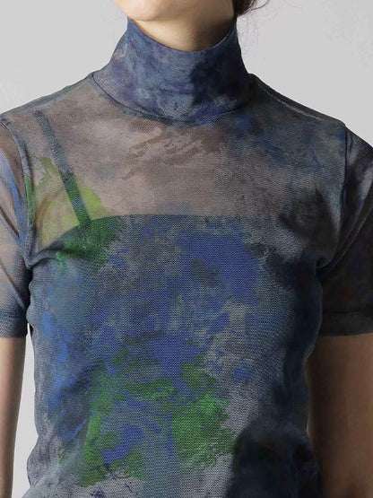 【Y's - ワイズ】PE TULLE PAINT DESIGN HIGH NECK HALF SLEEVE T/GREY (カットソー/グレー)