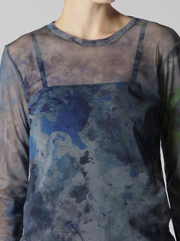 【Y's - ワイズ】PE TULLE PAINT DESIGN ROUND NECK LONG SLEEVE T/GREY (カットソー/グレー)