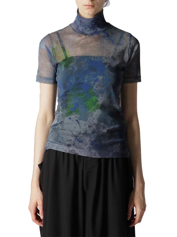 【Y's - ワイズ】PE TULLE PAINT DESIGN HIGH NECK HALF SLEEVE T/GREY (カットソー/グレー)