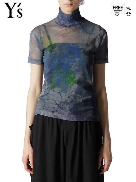【Y's - ワイズ】PE TULLE PAINT DESIGN HIGH NECK HALF SLEEVE T/GREY (カットソー/グレー)