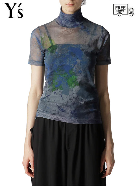 PE TULLE PAINT DESIGN HIGH NECK HALF SLEEVE T/GREY